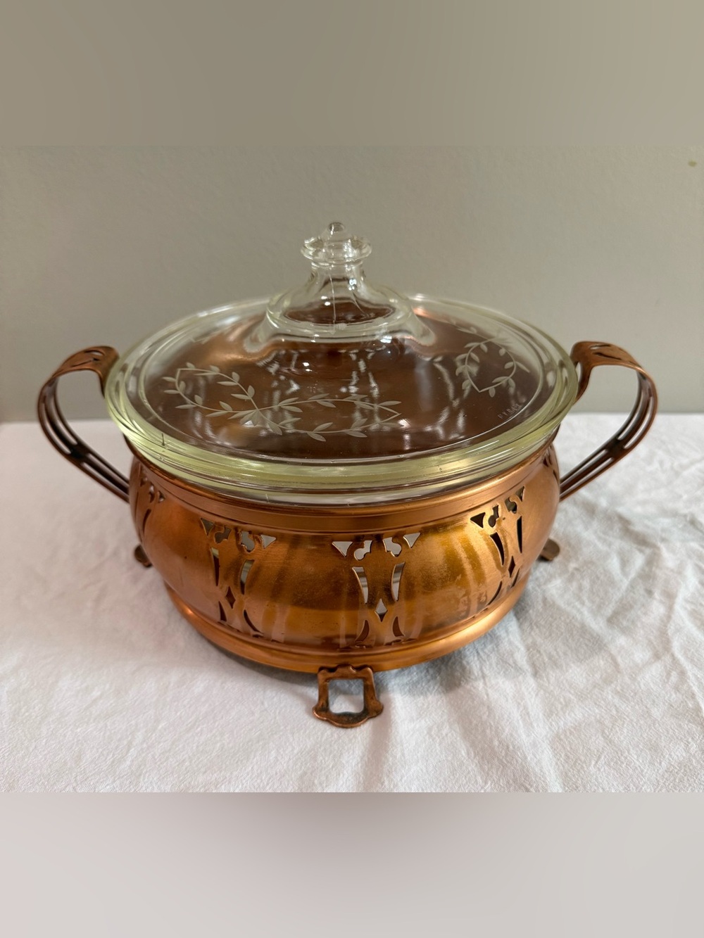 Vintage Manning Bowman Copper Casserole Server with etched PYREX